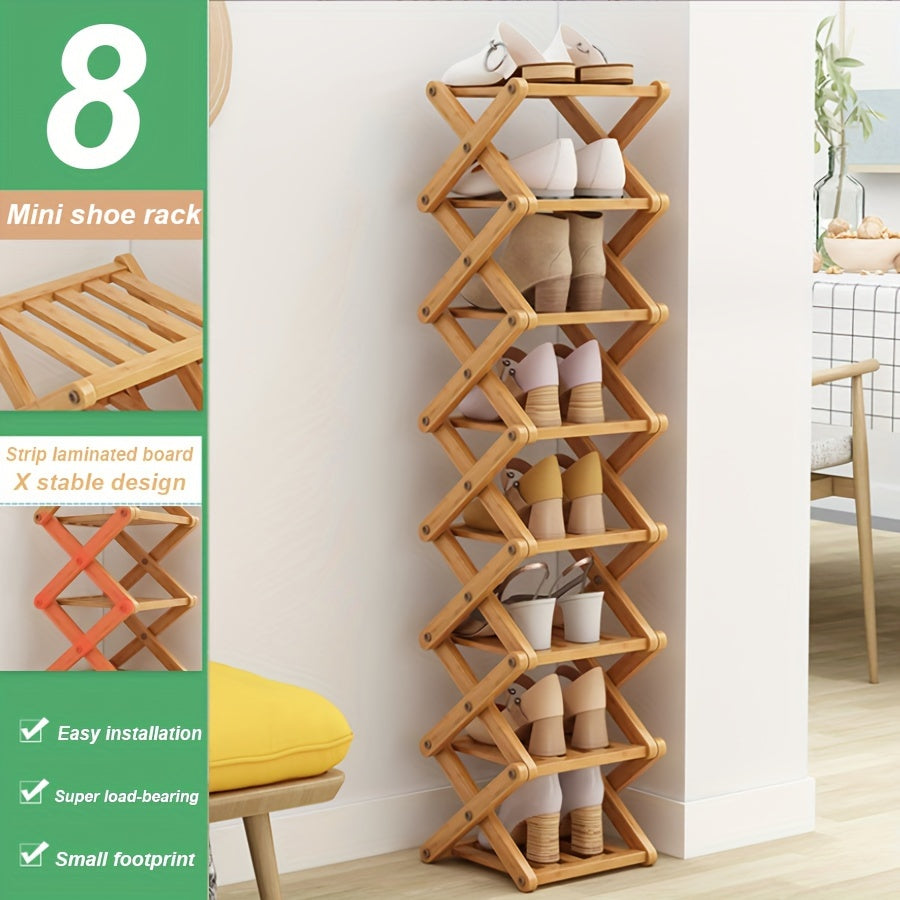 Bamboo Shoe Rack with Cross Design, Multi-layer Storage for Indoor Spaces such as Bedrooms, Dormitories, and Houses. Ideal for entryways to save space with its compact size.