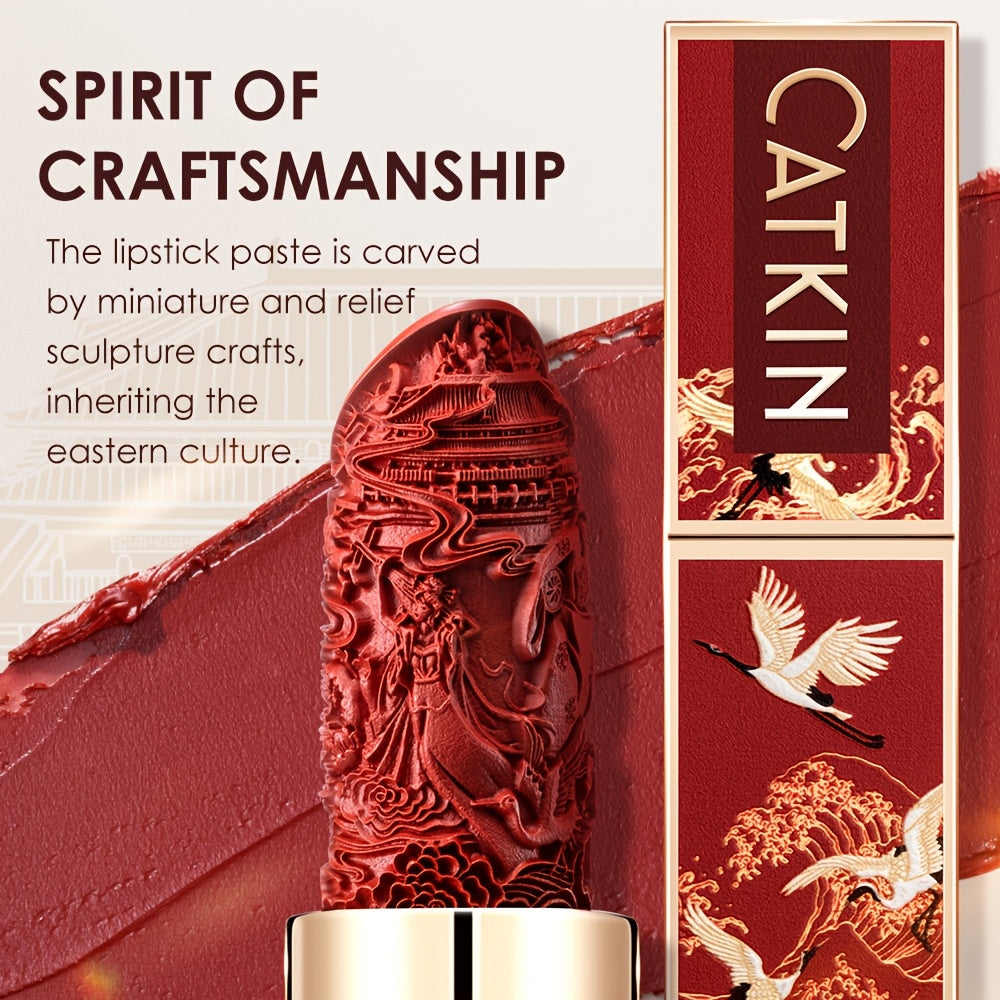 CATKIN Red Carving Matte Lipstick with Waterproof Long-Lasting Satin Finish for Smooth Red and Nude Lips.