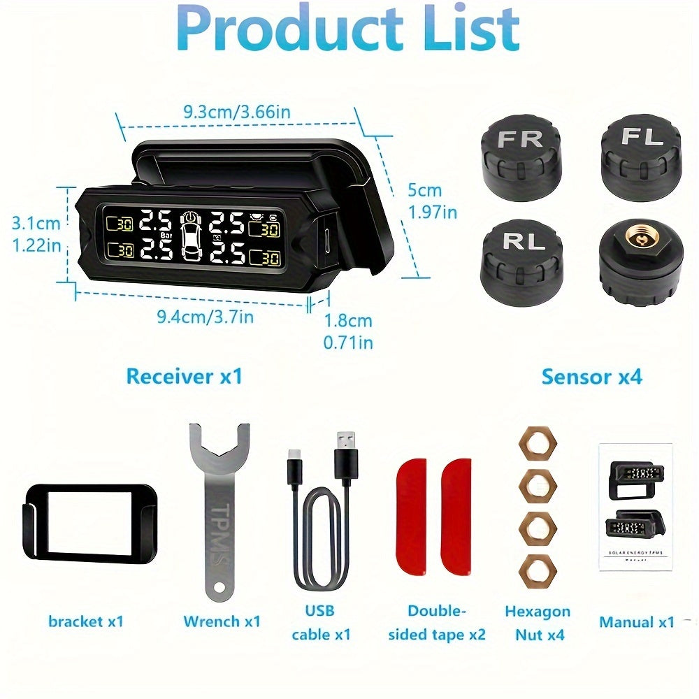 Wireless TPMS External Sensor Kit with Solar Powered Bracket for Vehicles - Tire Pressure Monitoring ABS Material