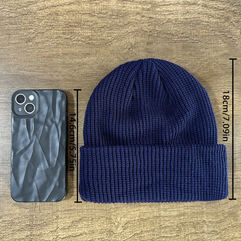 Knitted beanie for men - warm and elastic winter hat with letter patch, perfect for active leisure and holiday gifting, including Valentine's Day.