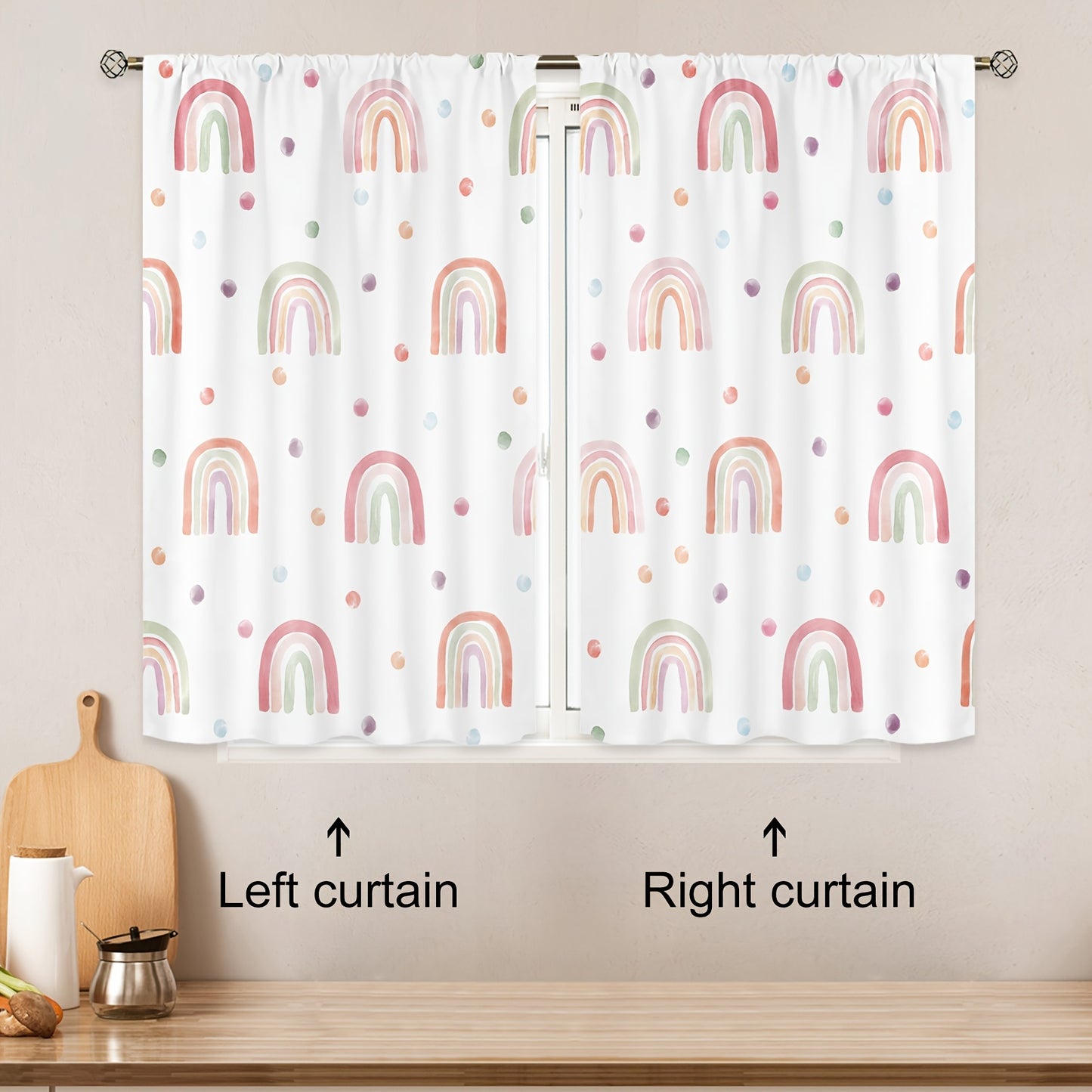 Polyester curtain with Bohemian Rainbow Cartoon design, 214cm x 160cm, 2 pieces.