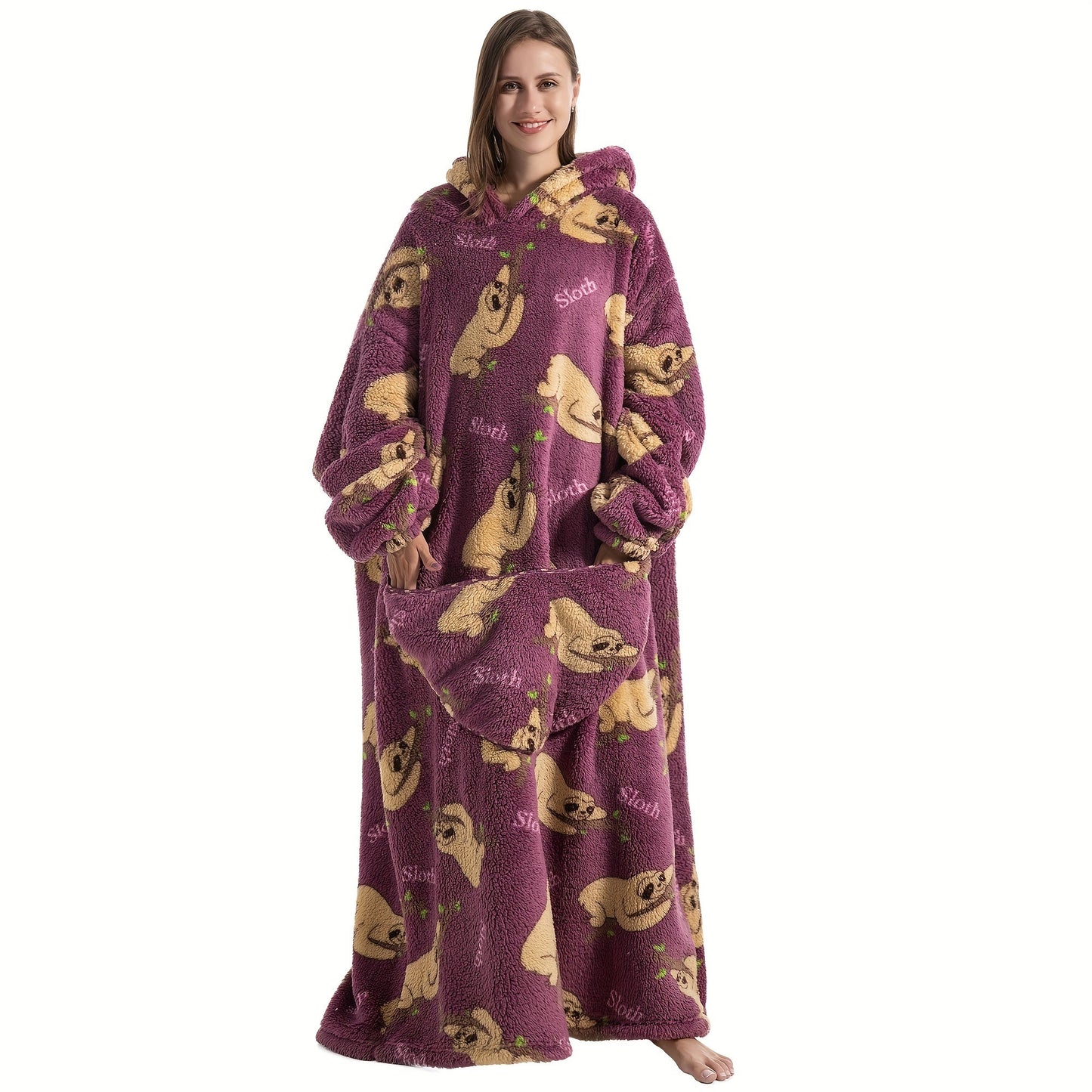 Super warm and cozy fleece oversized hoodie blanket with sleeves for adults. This wearable blanket hoodie features a giant pocket and is perfect for staying extra warm on cold days. Makes a great gift for women, men, and moms.