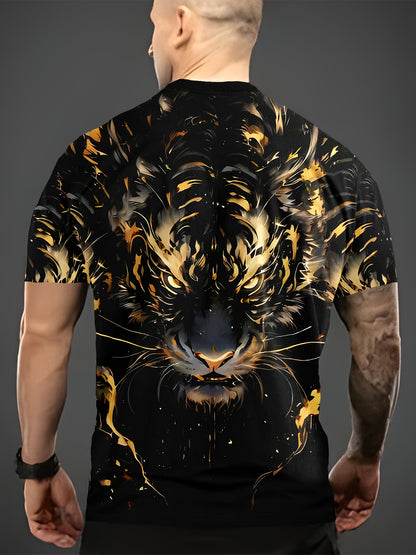 Men's casual crew neck t-shirt with black and golden oil tiger print, made of polyester knit fabric with slight stretch, ideal for daily and weekend wear.