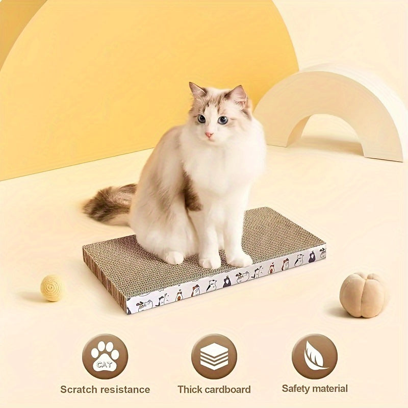 Durable cat scratcher pad made of extra-large corrugated cardboard, reversible with wave pattern, non-slip base, protects furniture and cares for cat's claws.