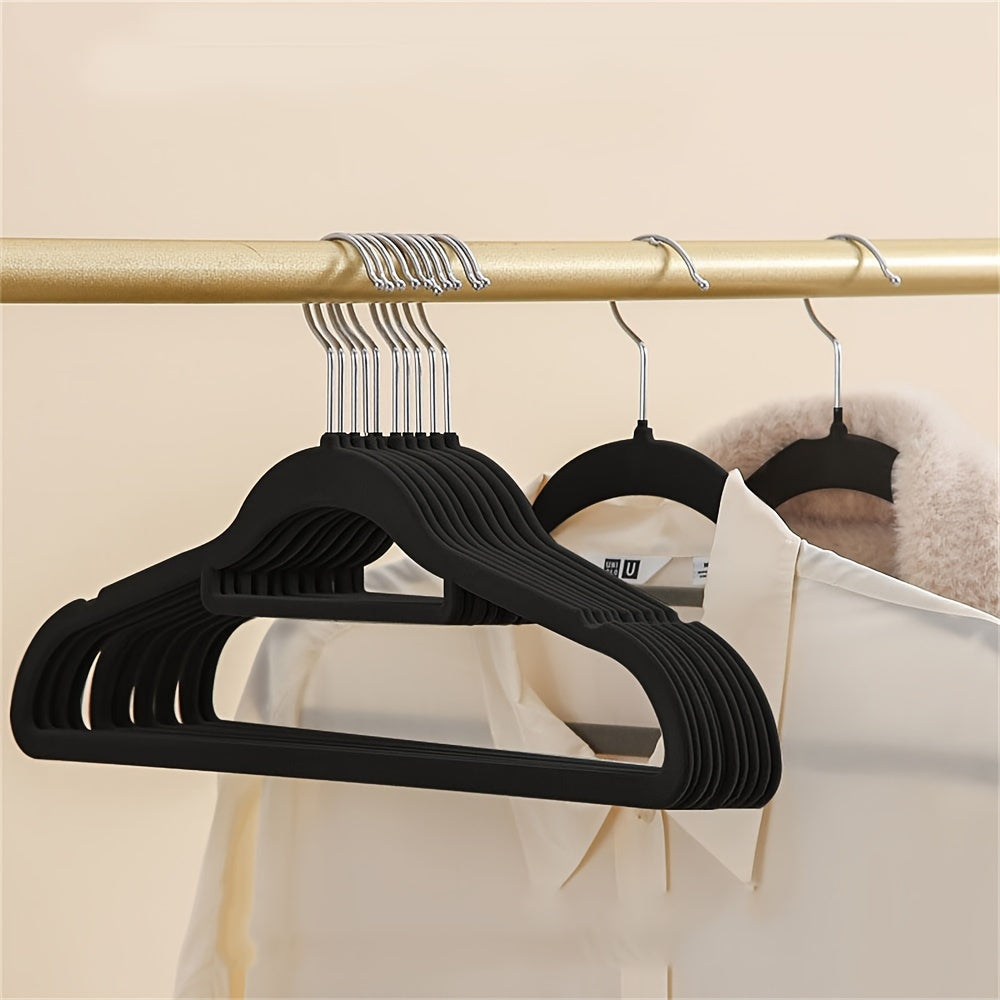 Set of 10 Velvet Hangers with Non-Slip Flocked Design, 360° Swivel Hook, Black Color, Space-Saving Wardrobe Organizers for Shirts, Pants, and More