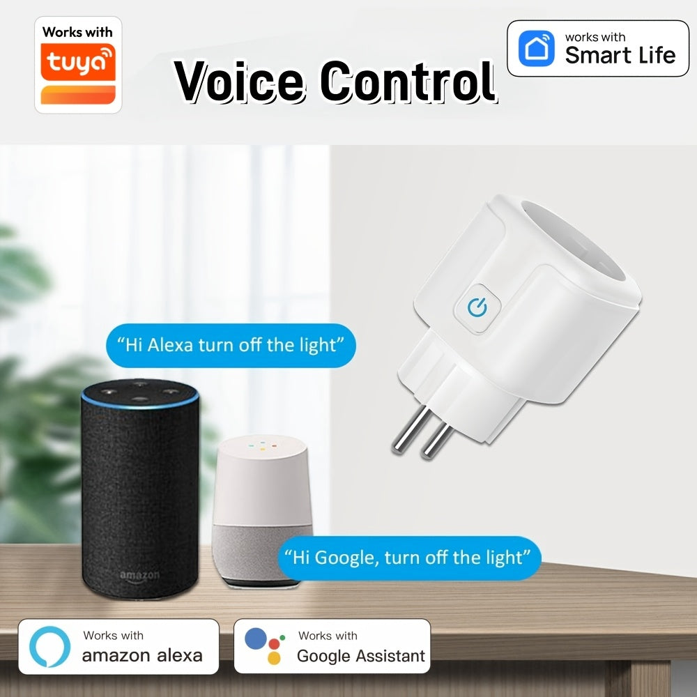 Tuya Smart Plug: 16A European WiFi socket with power meter, voice and app control; works with Google and Alexa.