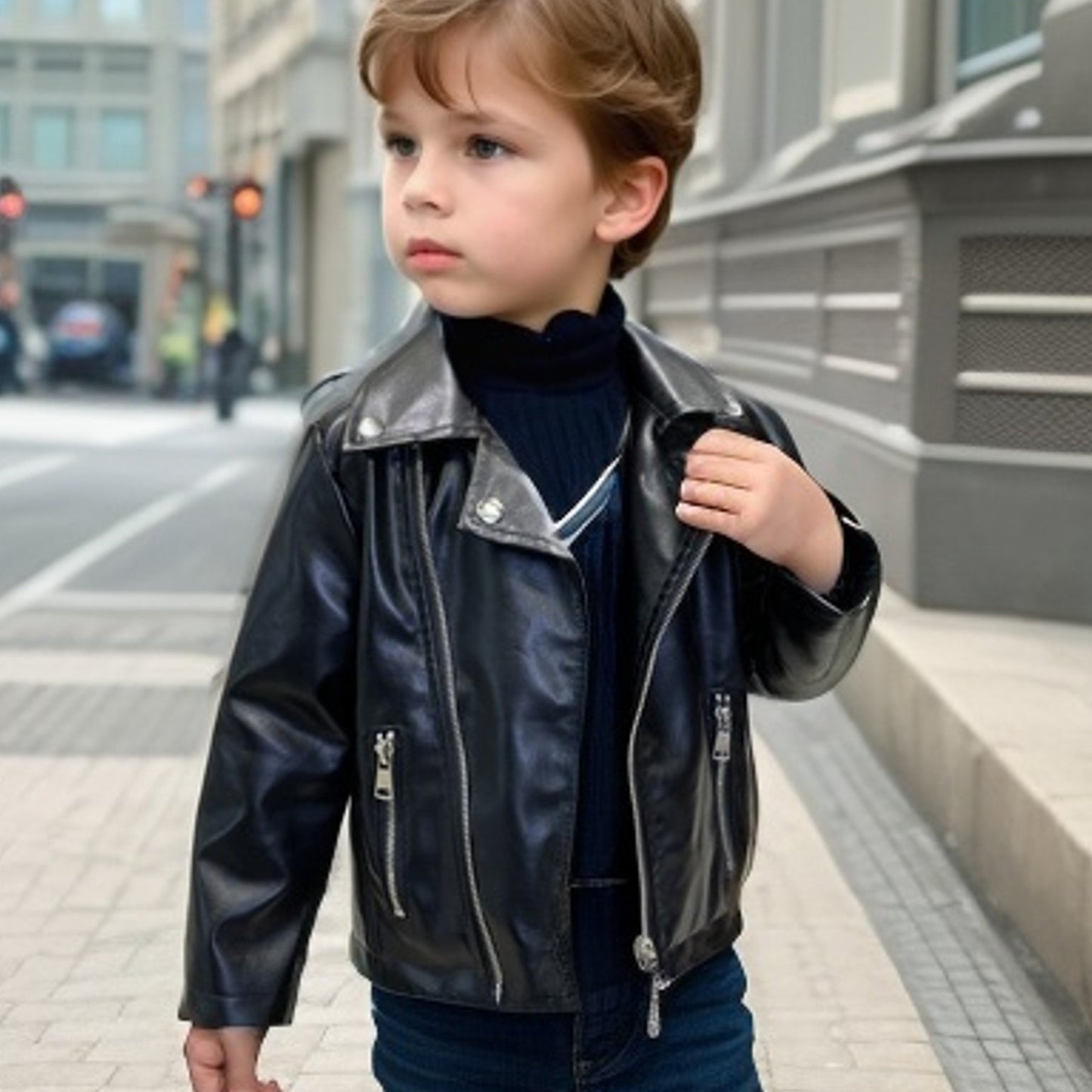 Stylish boys' motorcycle-inspired black jacket with zippered pockets, button closure, and belt detail for spring/fall.