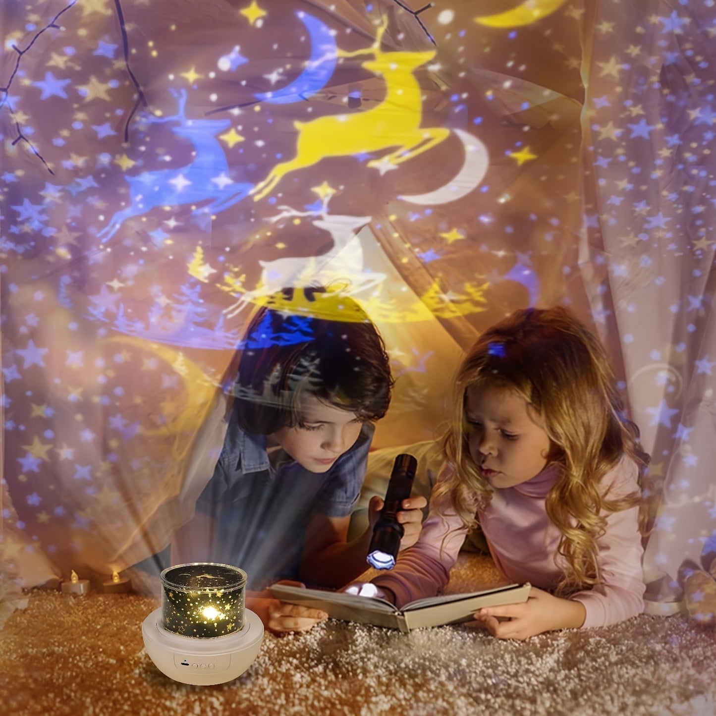 LED projector light for youngsters, rotating galaxy lamp with adjustable brightness, USB powered, ideal bedside decor and gift.