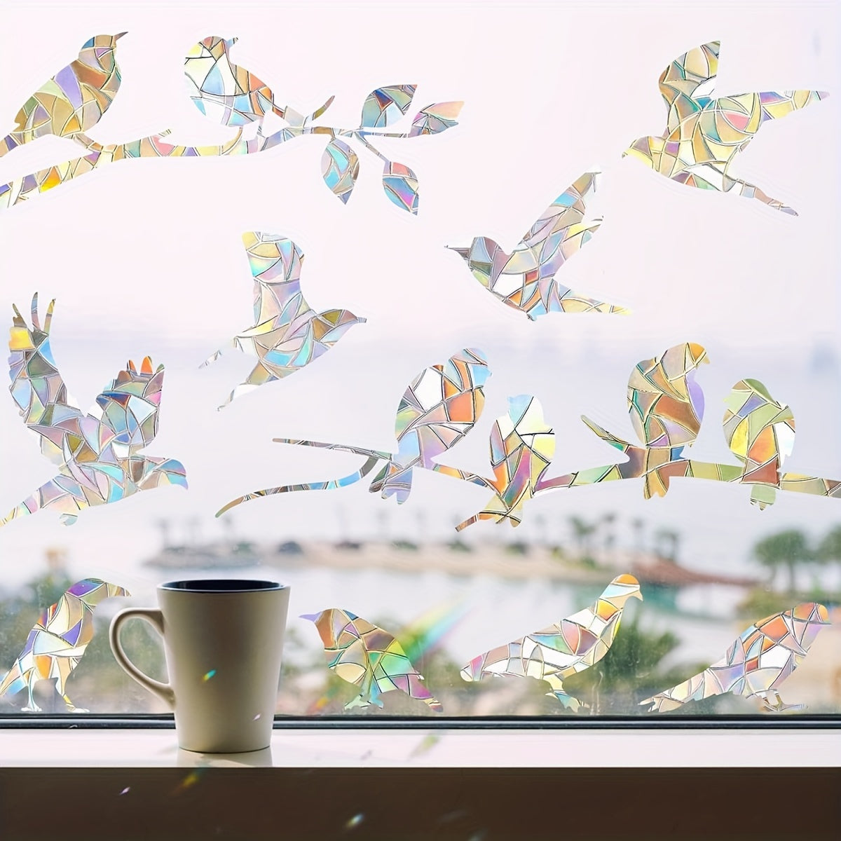 Set of 2 Hummingbird Rainbow Window Clings - Decorative Art Style, Anti-Bird Collision Stickers for Glass Windows, Perfect for Spring