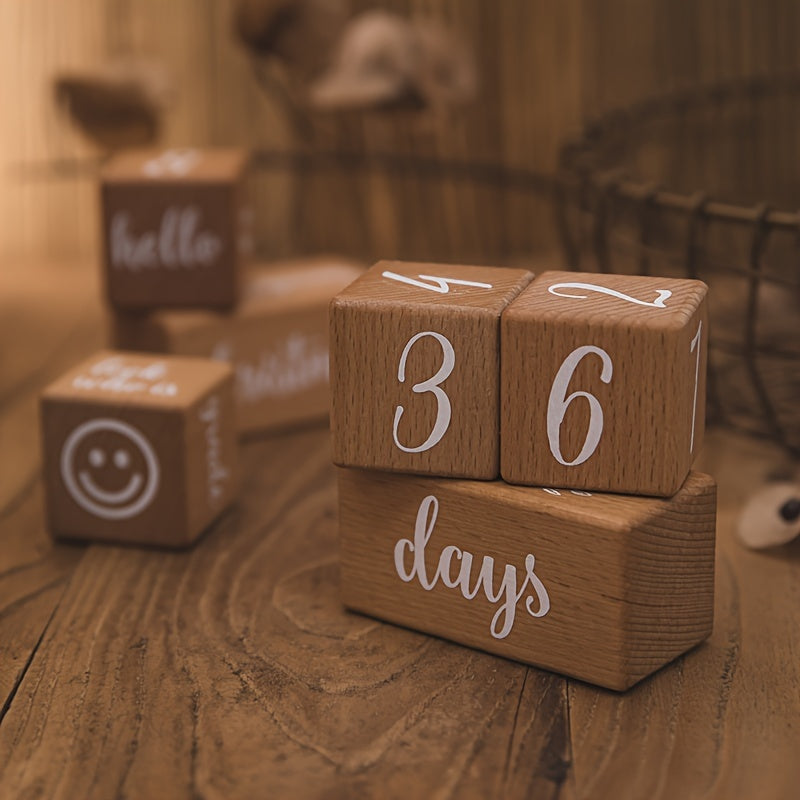 Decorative milestone cubes with printed designs, perfect for capturing growth milestones in photos, ideal for decorating a child's room or commemorating special moments of growth.