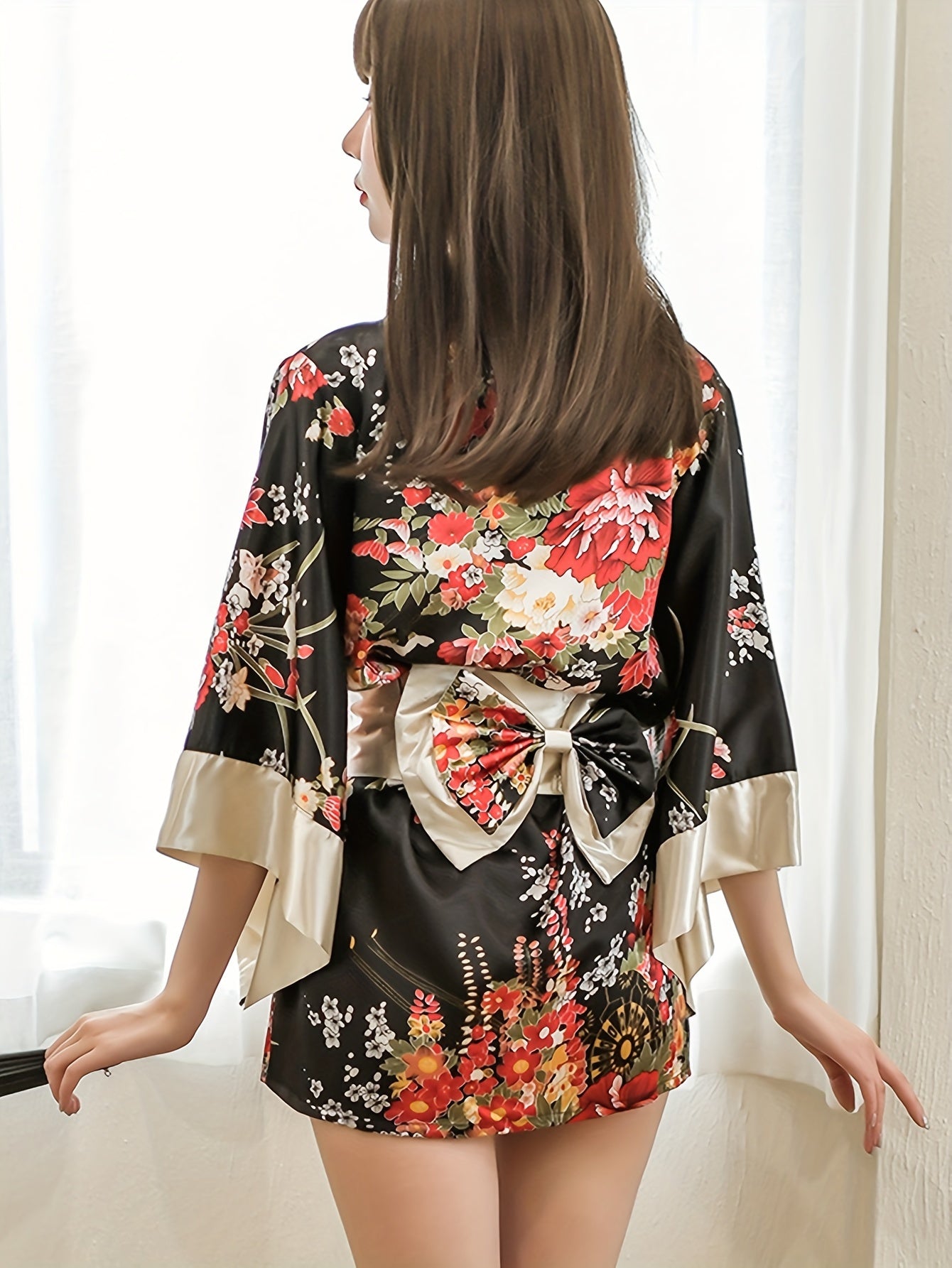 Floral satin kimono robe for women's role play and lingerie.