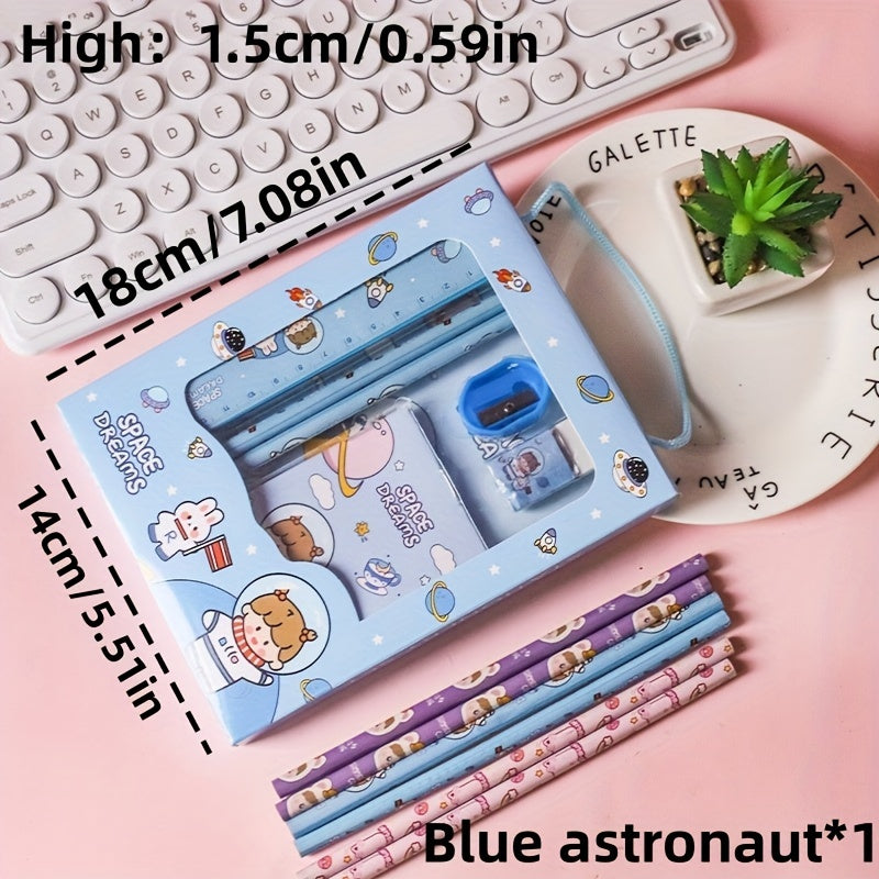 A set of six cartoon handheld stationery pieces in one bag, including two pencils, a ruler, an eraser, a pencil sharpener, a small notebook, and four color options. Perfect for students as