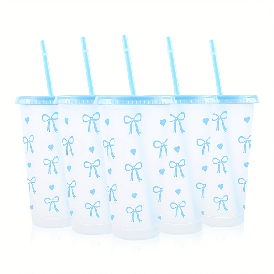 BPA-Free plastic water cups with lids and straws in heart and bow print. Leak-proof and reusable for outdoor events. Great for gifts on special occasions.