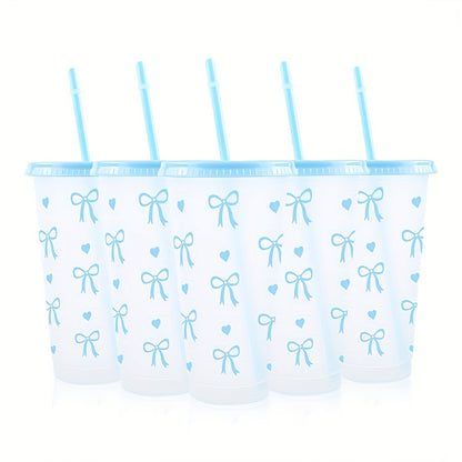 BPA-Free plastic water cups with lids and straws in heart and bow print. Leak-proof and reusable for outdoor events. Great for gifts on special occasions.