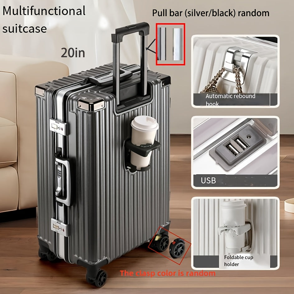 20/24-inch aluminum frame spinner luggage with cup holder and USB port, zipperless extra-large captain suitcase.