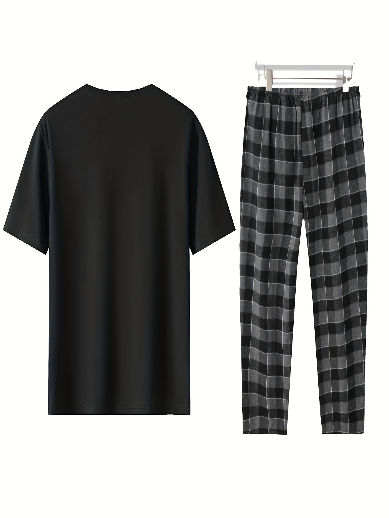 Men's Plus Size Loungewear Set - Polyester Crew Neck Short Sleeve T-Shirt with Patch Detail & Plaid Pants, Regular Fit, Four Seasons Comfort - DM2050, PLUS SIZE