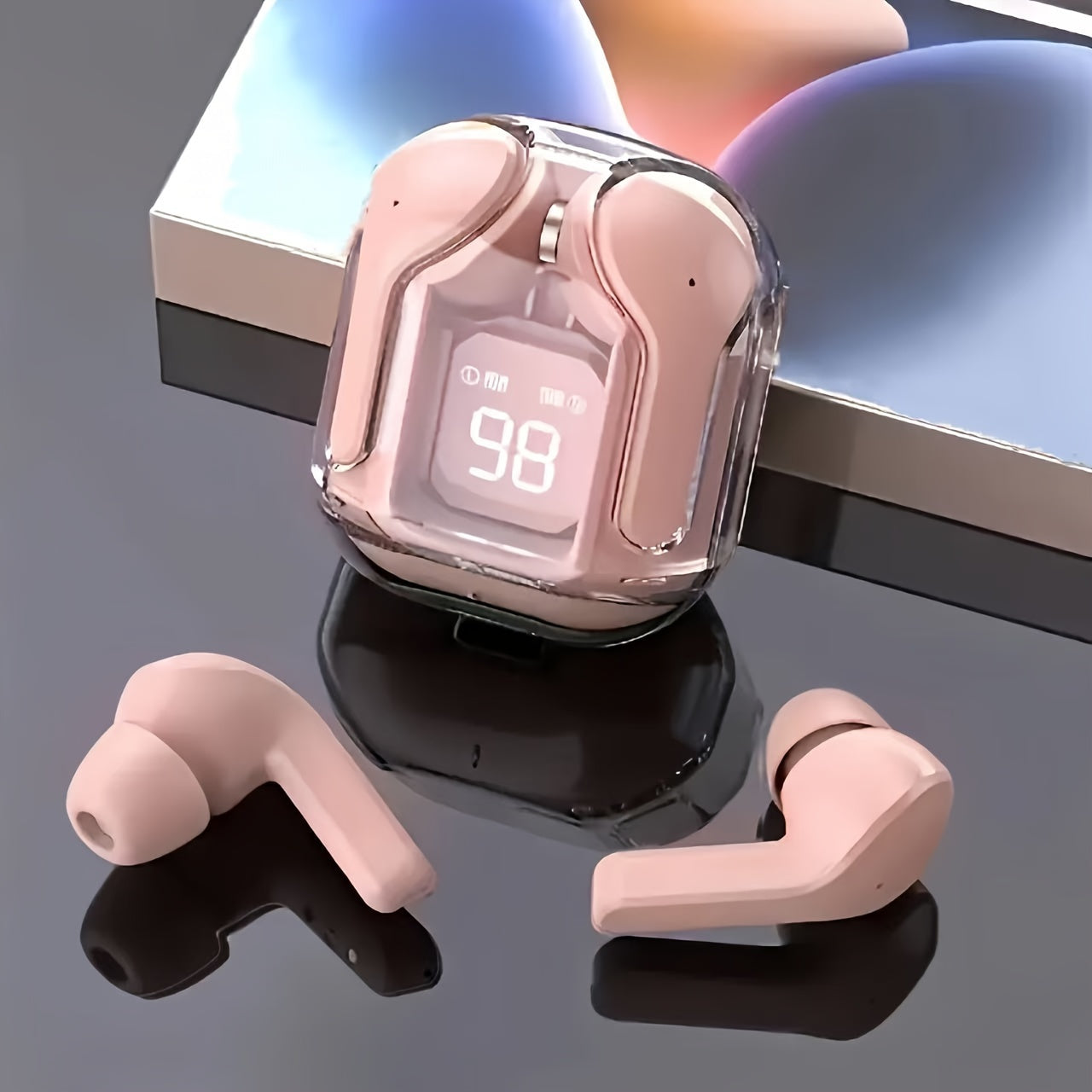 Transparent wireless TWS headphones for sports and fitness, ideal for running and exercise.