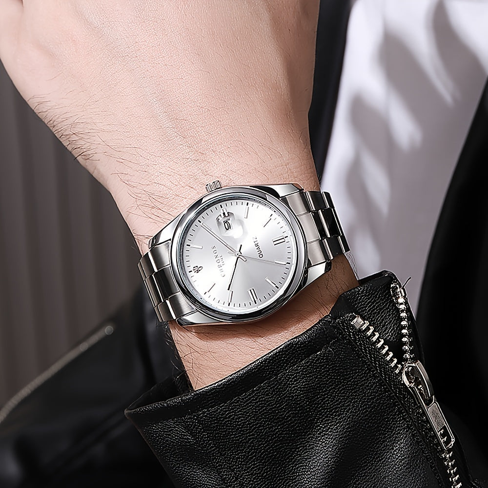 Men's Classic Popular Watch By CHRONOS Featuring Stainless Steel Strap, Business Calendar, and Luminous Dial