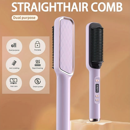 2-in-1 Ceramic Hair Straightener Brush with LCD Display, European Standard Plug, Perfect Mother's Day Gift for Unique Hairstyles