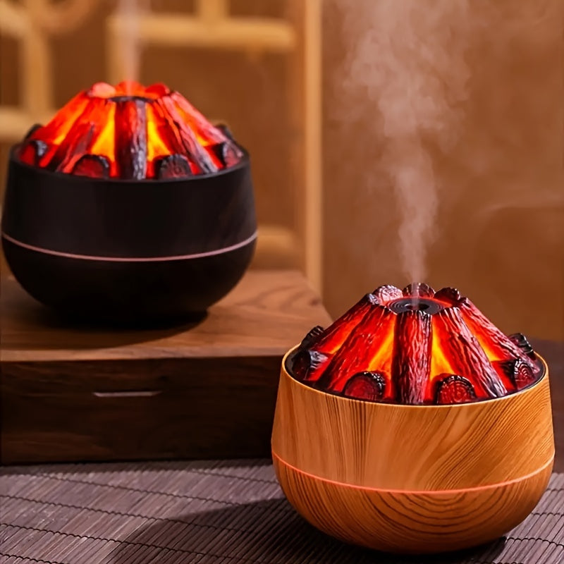 Innovative charcoal-powered humidifier with large mist output and aromatherapy function. USB powered with wooden base and flame effect, perfect for any room type. (Battery not included)