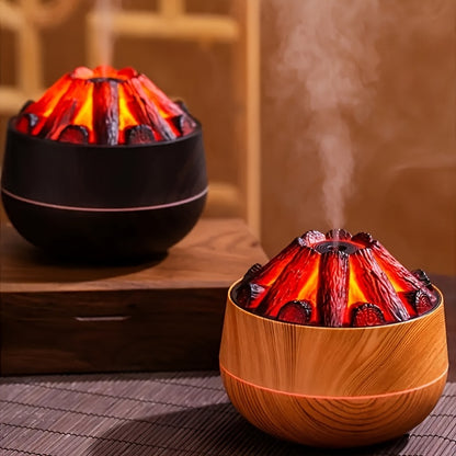 Innovative charcoal-powered humidifier with large mist output and aromatherapy function. USB powered with wooden base and flame effect, perfect for any room type. (Battery not included)