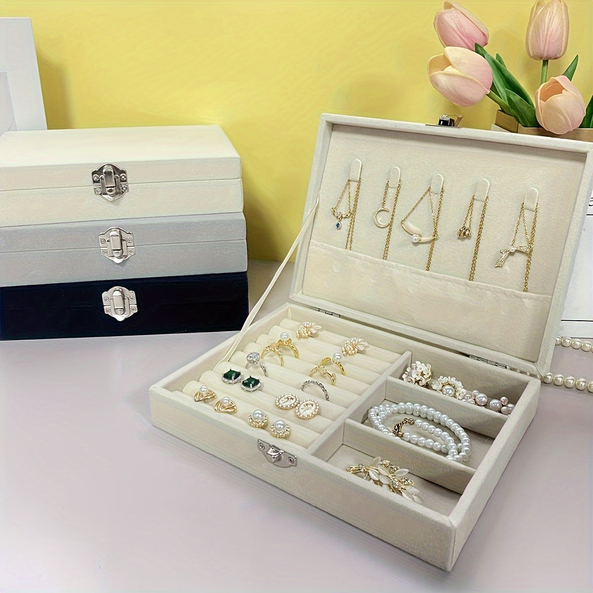 Velvet jewelry organizer box with flip cover for rings, necklaces, and accessories. Ideal gift for women and jewelry making. Great for display and packaging supplies. Perfect for beading