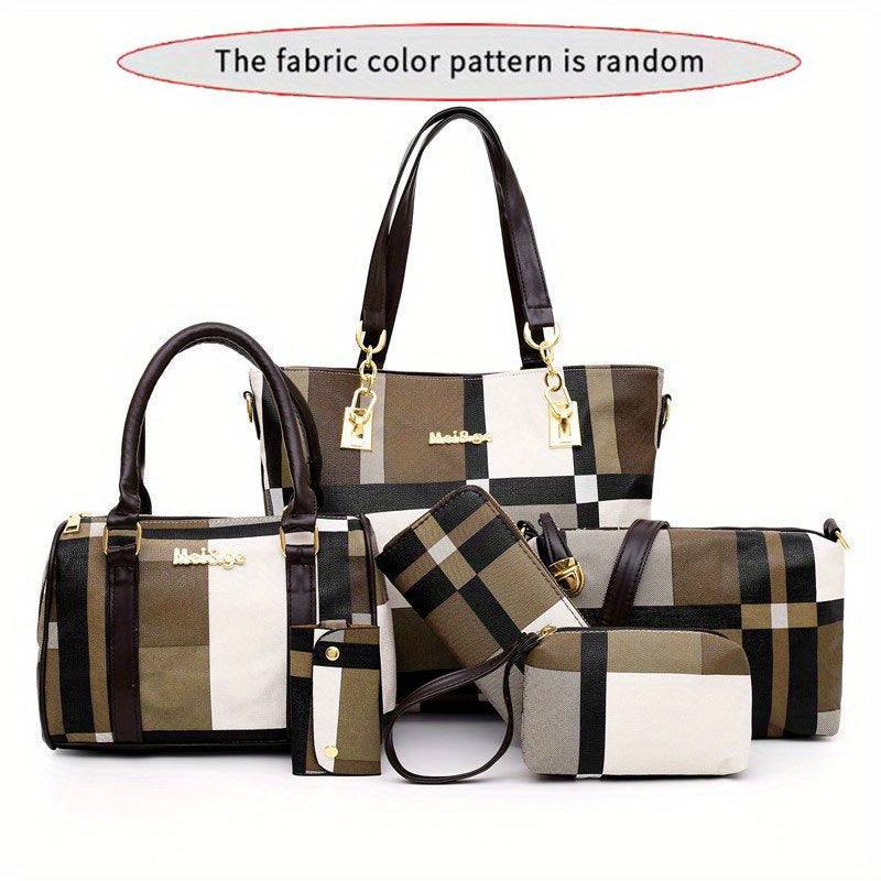 6-piece set of checkered pattern shoulder bags including a handbag, crossbody bag, clutch bag, long wallet, and short wallet.