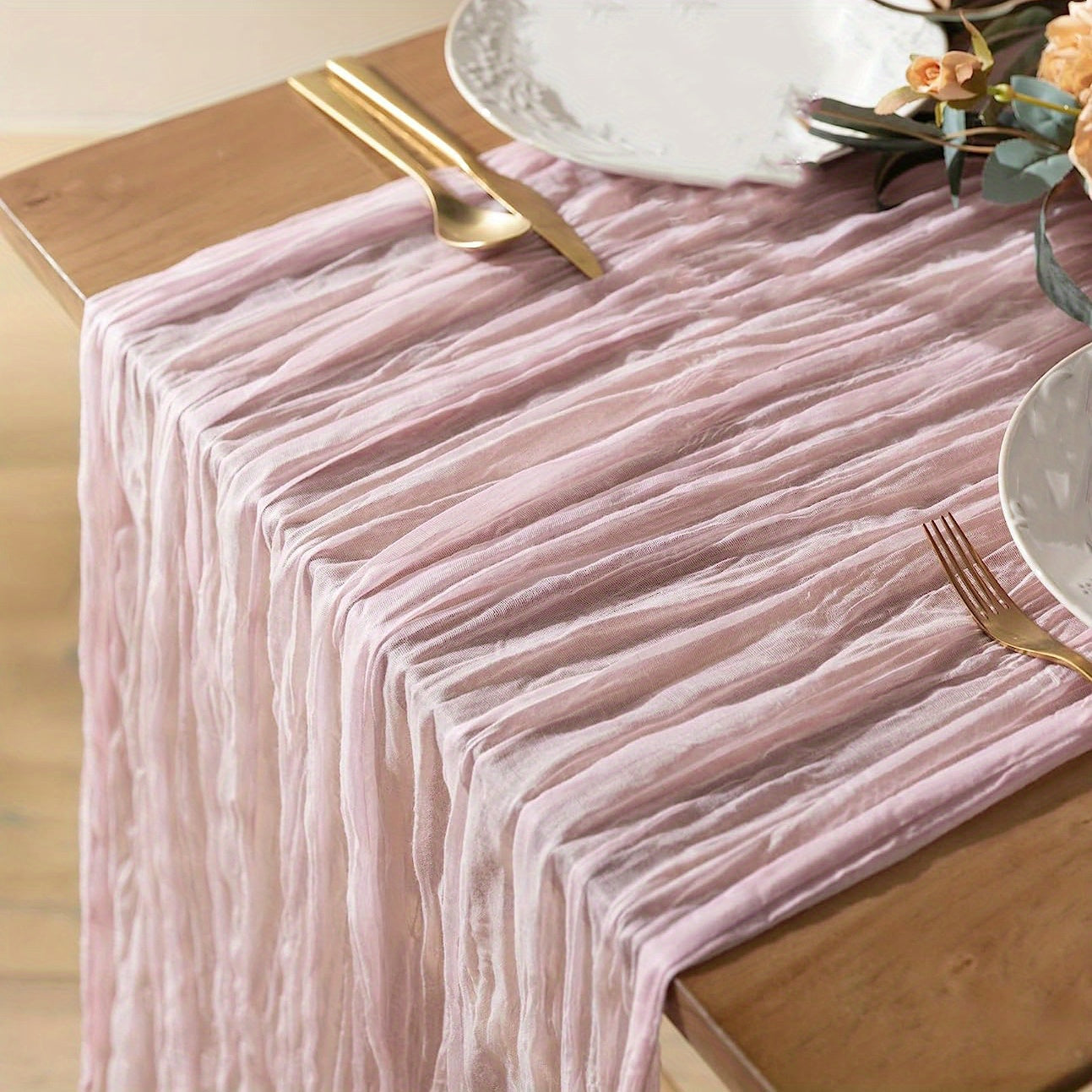 Bohemian gauze table runner for special occasions like weddings, bridal showers, and holidays, in a solid color and woven cheese cloth design.