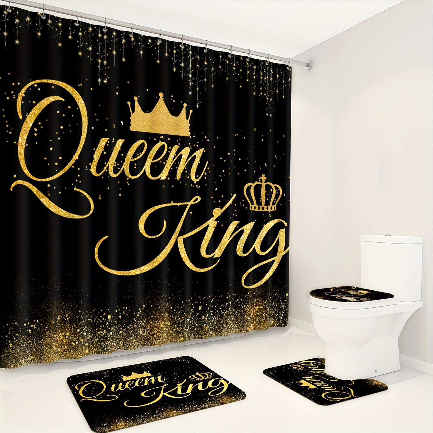 Royal shower curtain set with hooks, bathroom rugs, and crown motif design. Water-resistant polyester, machine washable. Includes non-slip U-shaped mat and toilet lid cover.