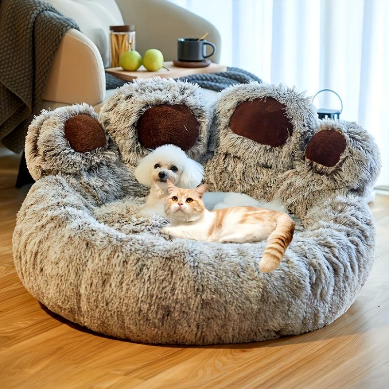 Soft paw-shaped pet bed for small to medium dogs and cats. Warm gray round sofa bed ideal for winter snuggling.