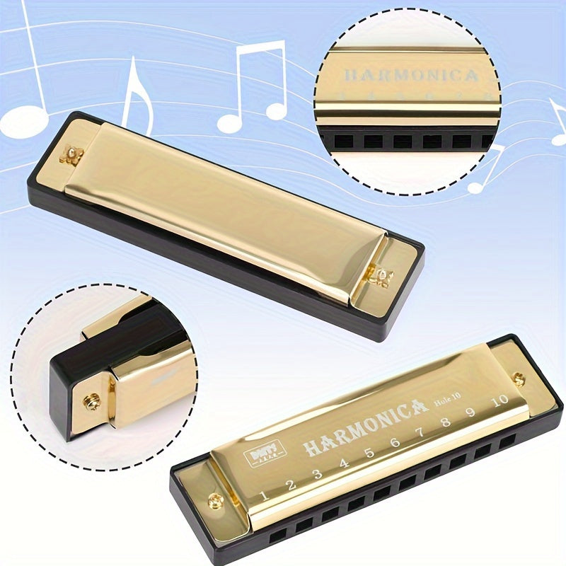 Beginner-level, stainless steel harmonica in golden color with 10 holes and protective case. Perfect gift option.