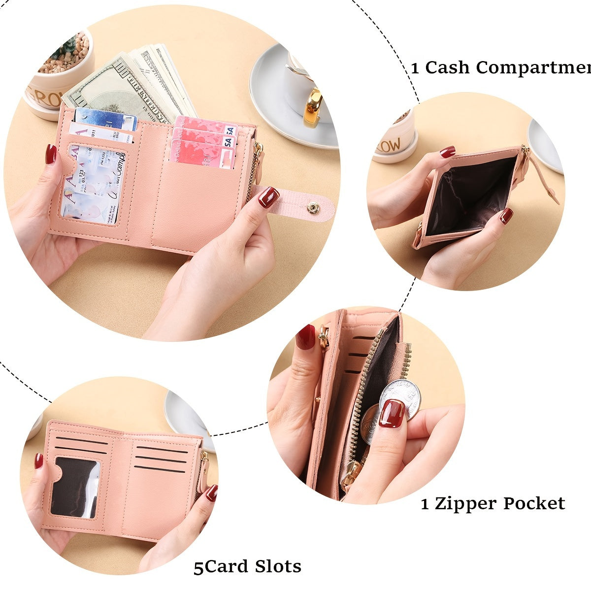 Foldable, stylish short wallet for women with multiple zippers, clasps, and card slots, ideal for coins, change, credit cards, and ID cards.