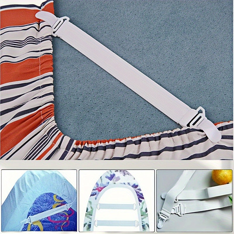 Set of 4 White Elastic Sheet Straps with Clips, Recommended for Hand Washing, Reliable Woven Fasteners for a Snug Fit