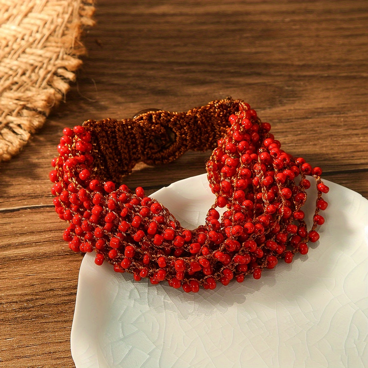 Red Crochet Bracelet with Handmade Beads, Bohemian Style Hand Jewelry for Women