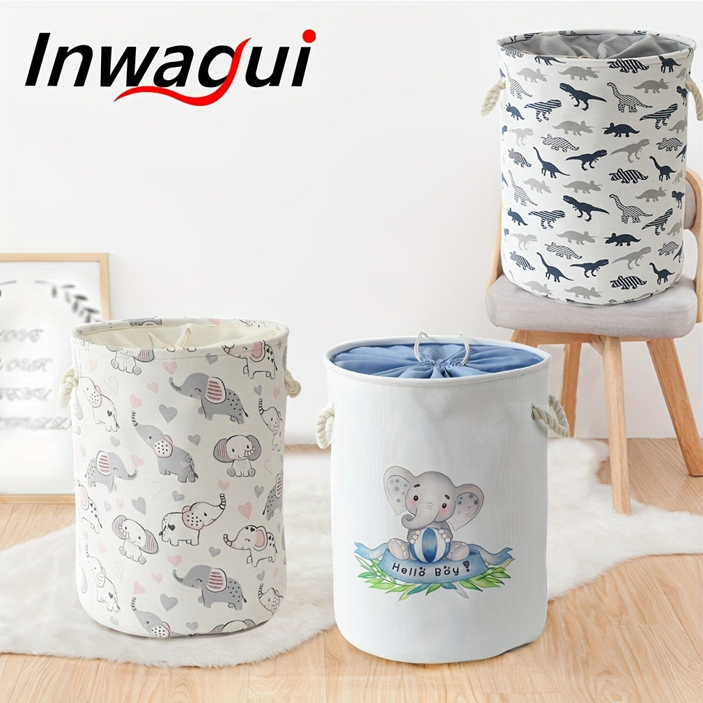 Large foldable laundry hamper with cute animal design, made of thick fabric. Features drawstring lids and can be used as a storage bin for clothes, toys, and other items in the nursery or home. A stylish and practical organizer.