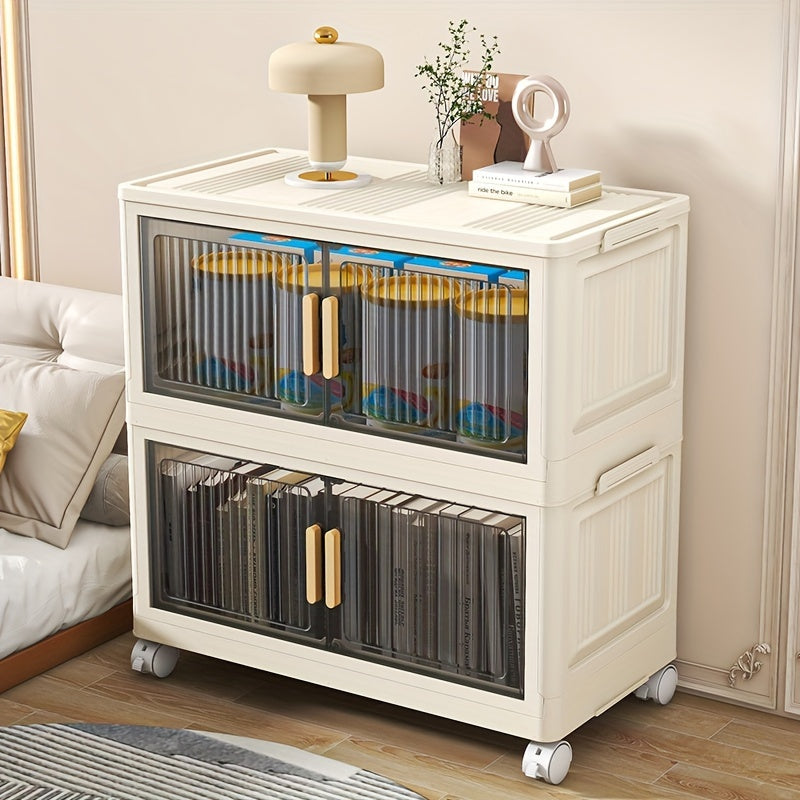 Foldable plastic storage cabinet with multiple layers for easy assembly and space-saving organization. No power required, ideal for home storage on desks and drawers.