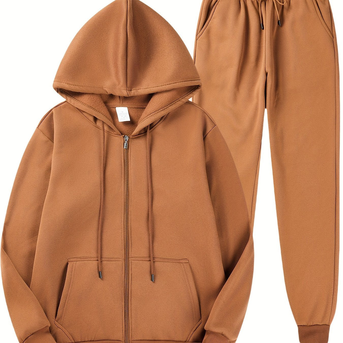 Men's casual fleece hoodie and sweatpants set made of 100% polyester. Includes a long sleeve zip-up hooded sweatshirt with kangaroo pocket, regular fit, knit fabric, solid color. Ideal for