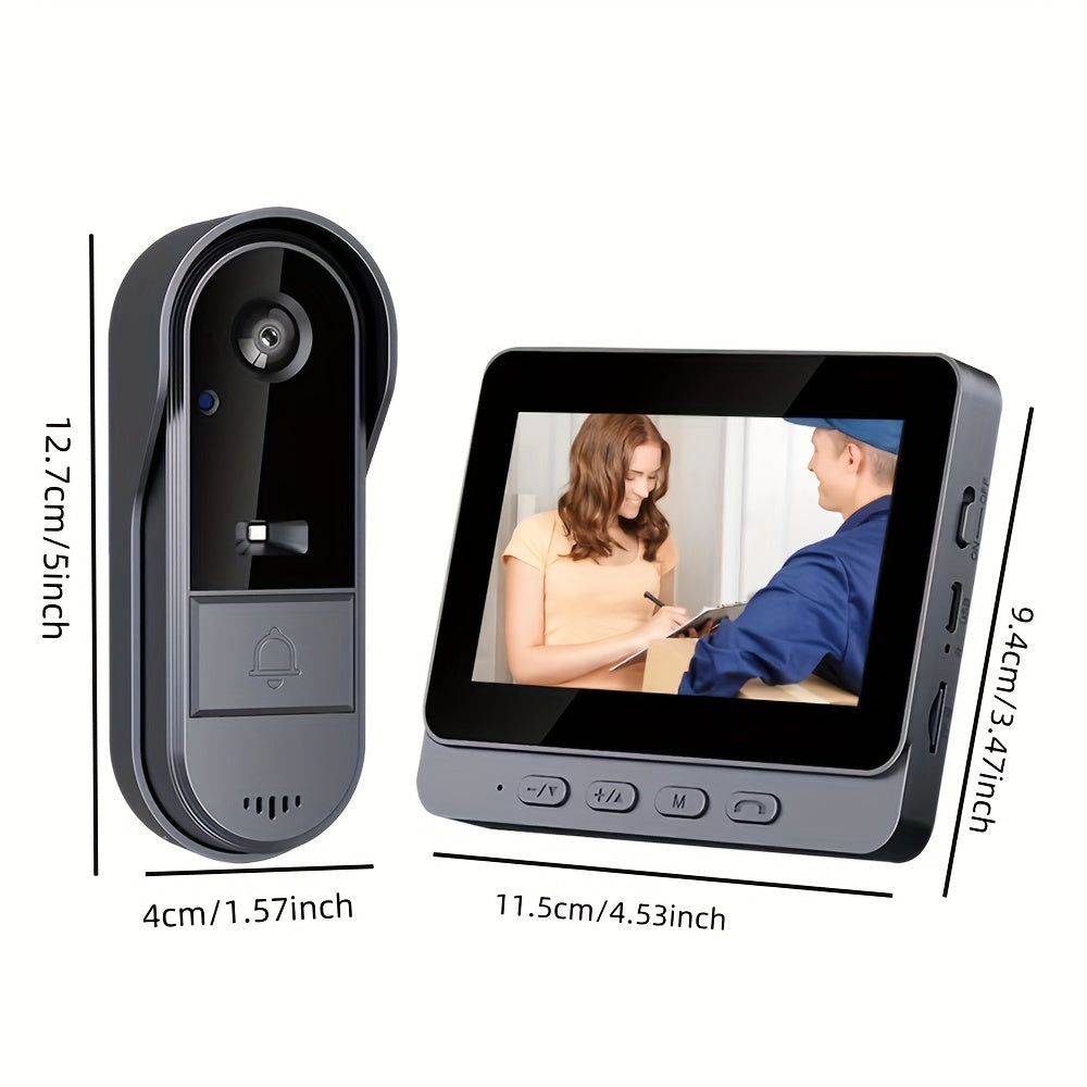 HD video doorbell camera with IPS screen, night vision, two-way intercom, rechargeable battery, USB charging, 480p video recording, and RFID function for home security.