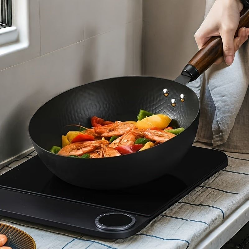 One 11-inch Hand-Forged Cast Iron Wok - Suitable for Induction, Electric, Gas, and Halogen Stoves - Durable, Multifunctional, and High-Temperature Resistant - Uncoated and Non-Stick - Ideal Kitchen Cookware (1 Piece)