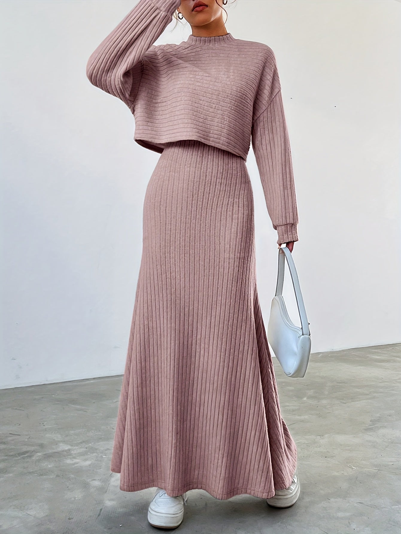 Stylish ribbed dress set with crew neck top and maxi tank dress.