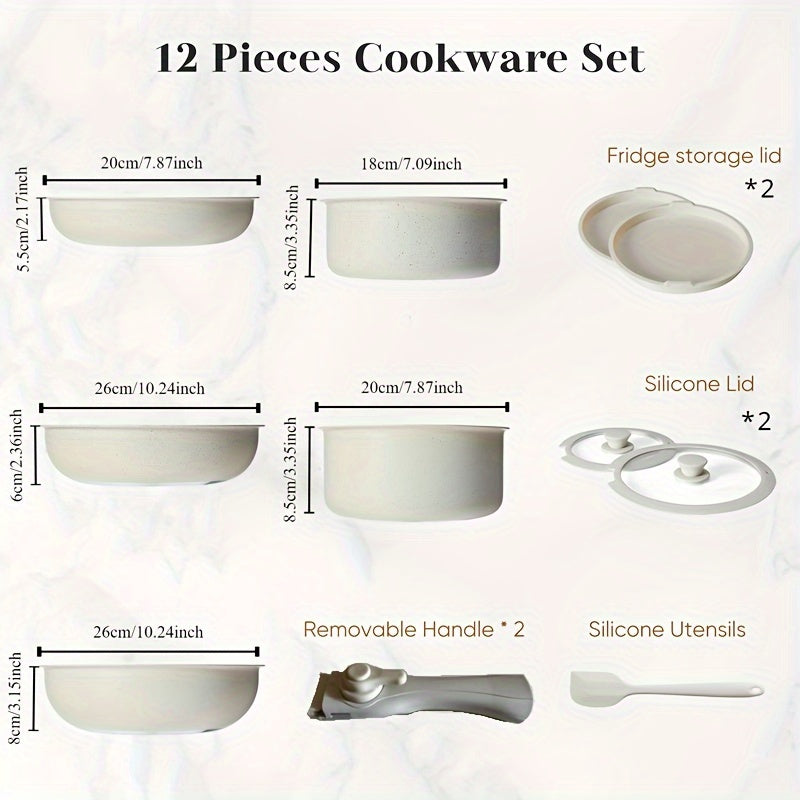 Set of 12 Beige Nonstick Cookware Pieces with Removable Handles - Suitable for Induction Cooktops and Ovens, Safe for Dishwasher Use