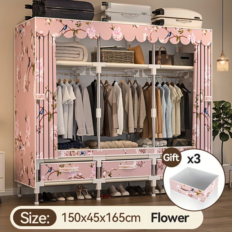 This modern minimalist Christmas style wardrobe features a simple all-steel frame with steel pipe reinforcement, making it sturdy and durable. It includes 6 storage shelves, 3 hanging hangers, and 3 drawers for organizing clothes. The design features a