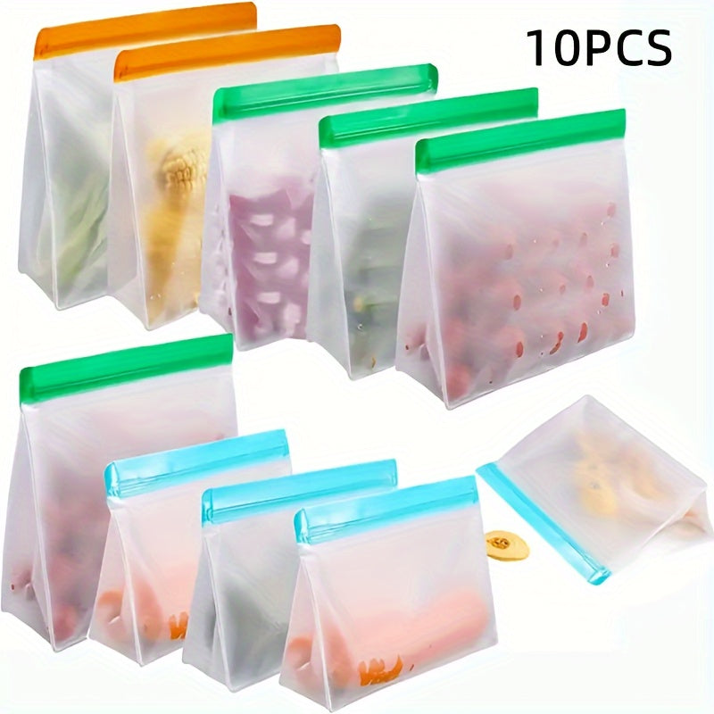 Get a pack of 1 Set Reusable Food Storage Bags made of leak-proof PEVA plastic with a square clip-on closure. Easy to hand wash, these bags are multipurpose for travel or home use. The set includes a 3.79 L bag, 1 sandwich bag, and 1 snack bag, all