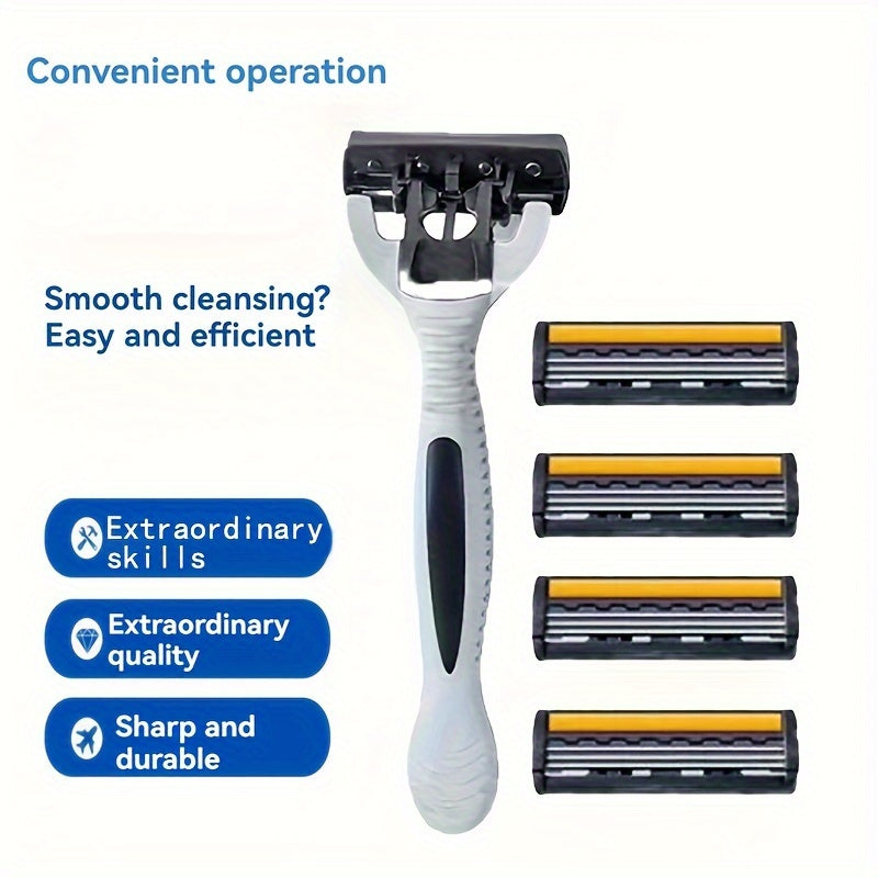 Men's manual razor with stainless steel blades, non-slip handle, and replacement heads. Ideal for beard and mustache grooming.