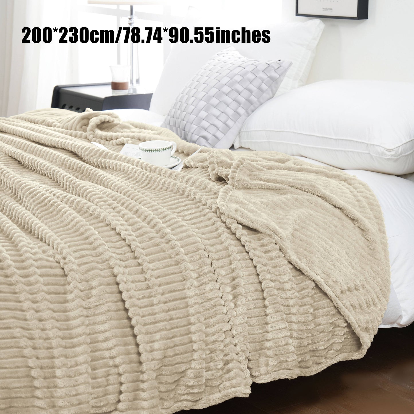 Enjoy the cozy comfort of our 1 piece 220GSM Flannel Throw Blanket, featuring a soft and warm ribbed design available in Beige, Gray, Black, or White. Perfect for all seasons, this blanket is ideal for use in the bedroom, sofa, office, or even for your