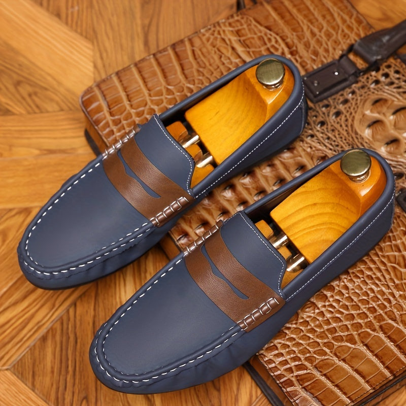 Men's slip-on penny loafers with solid color, non-slip durable soft sole, ideal for daily wear.