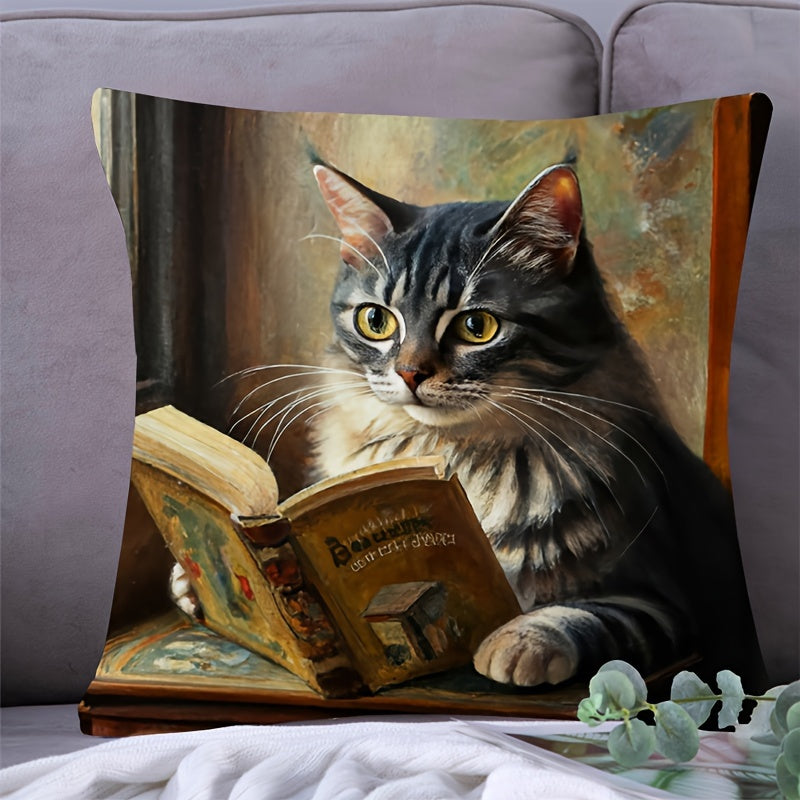 Peach skin pillowcase with cute cat reading book design, ideal for home, car, or living room decoration