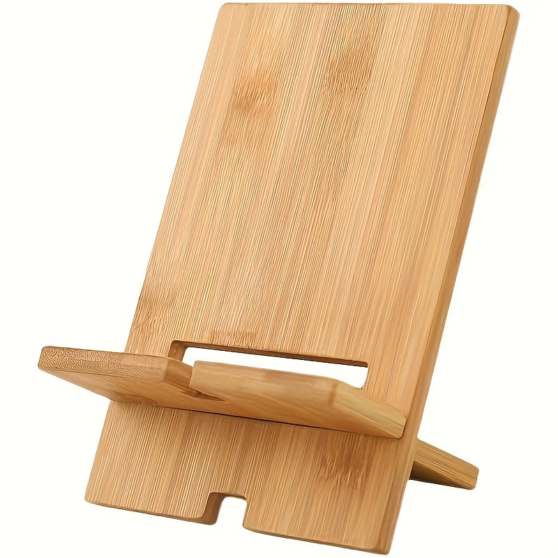 Bamboo desktop phone stand with clamp holder for all smartphones, perfect for office organization and charging station.