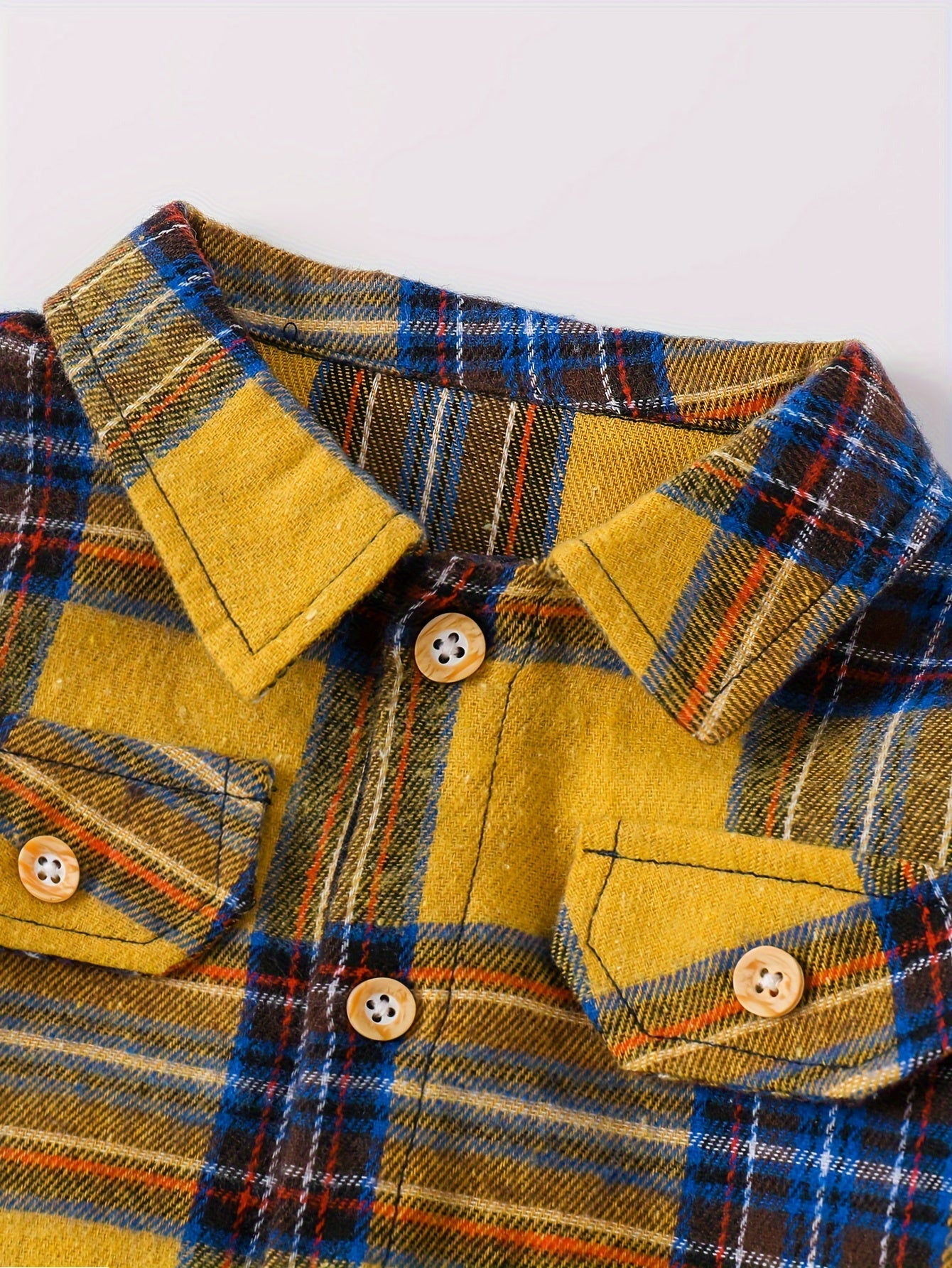 Boys' preppy style plaid outfit set with long sleeve shirt and matching pants for fall/winter.