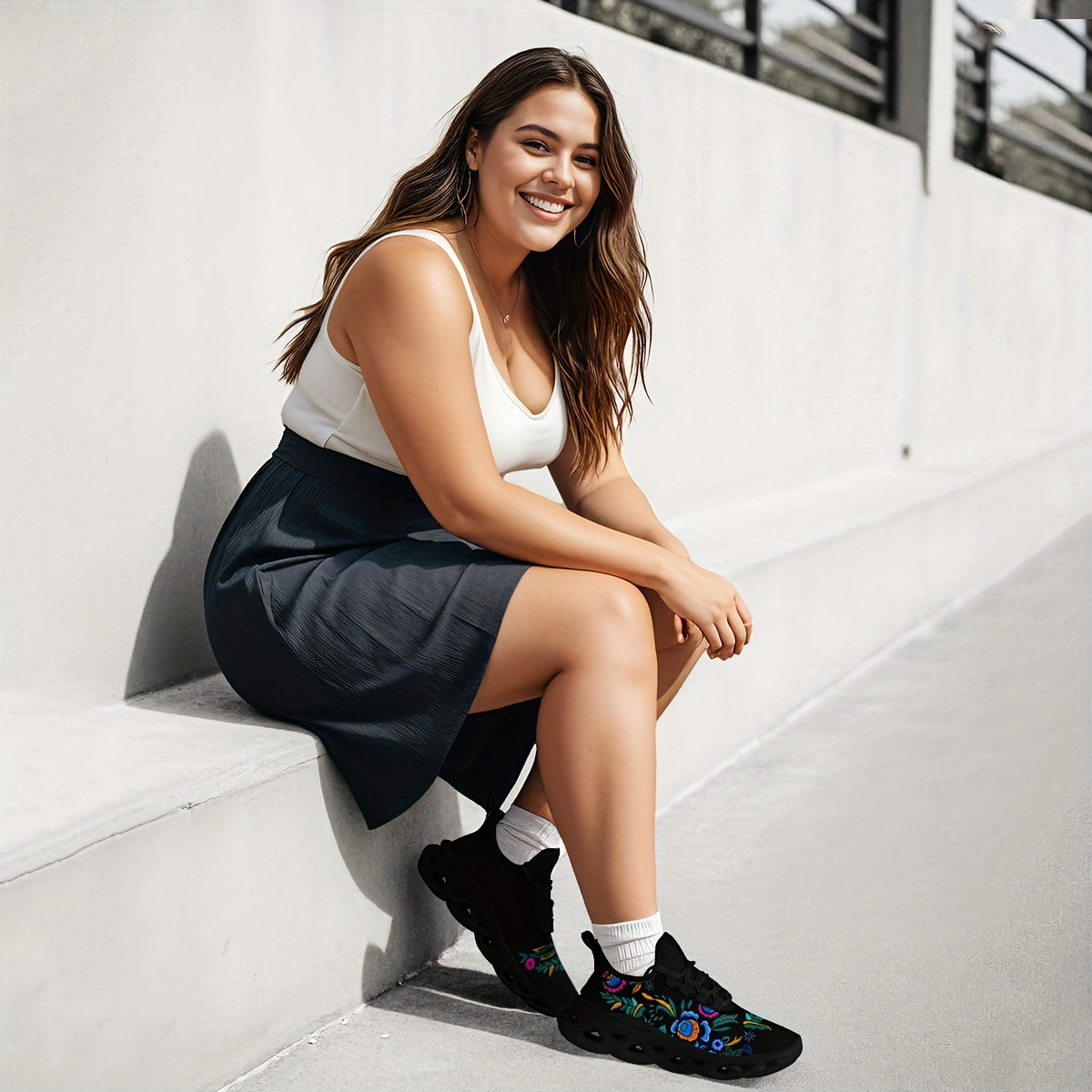 Breathable mesh sneakers with floral print for women featuring a height-boosting, lightweight design and non-slip sole. Includes bow detail and slip-on style, suitable for all seasons.